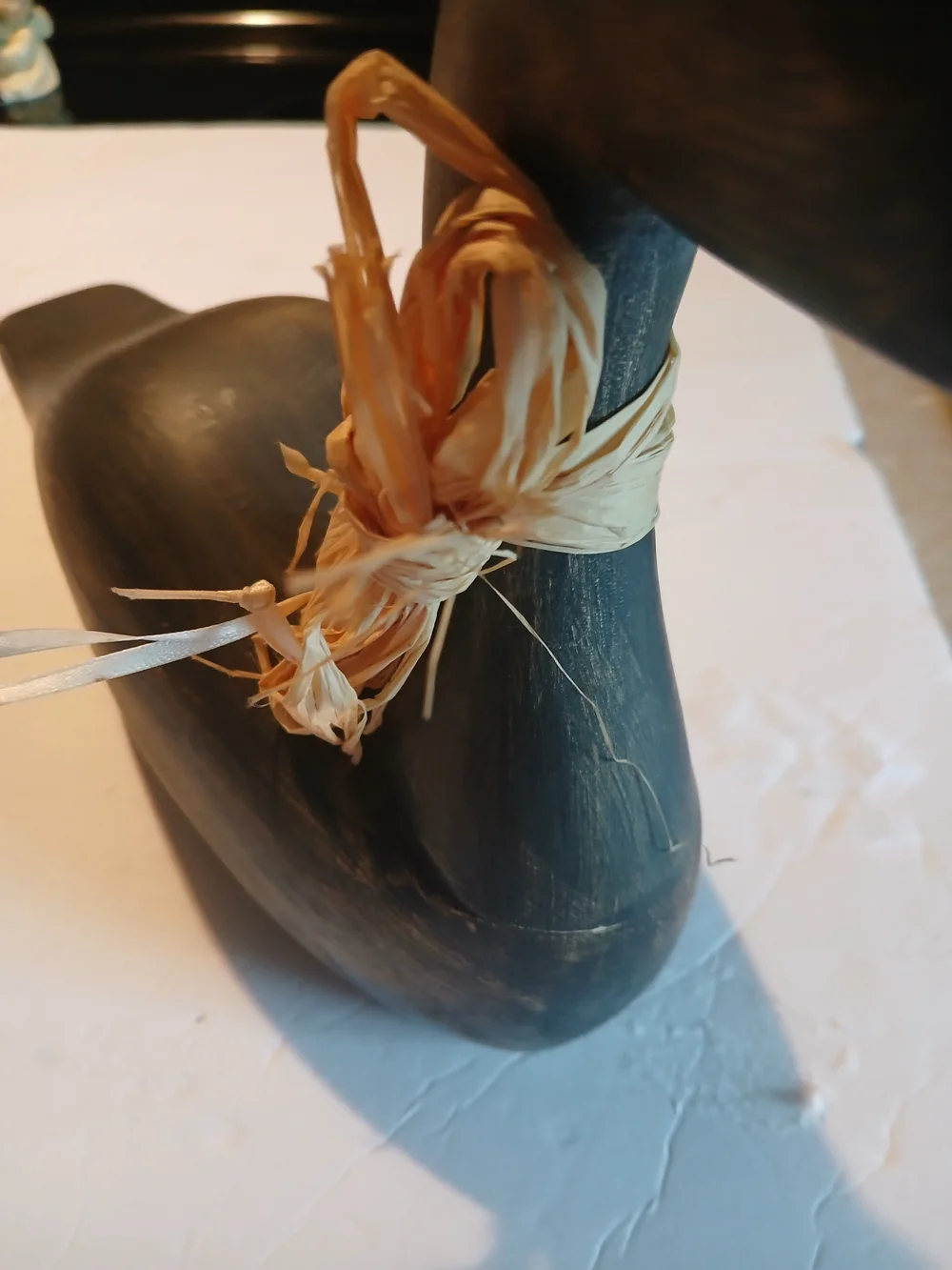 Source Unknown Black Wooden Duck Figurine with Raffia Accent